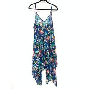 Into The Bleu Swim Coverup Womens Sz L Blue Floral Print Handkerchief HemNEW